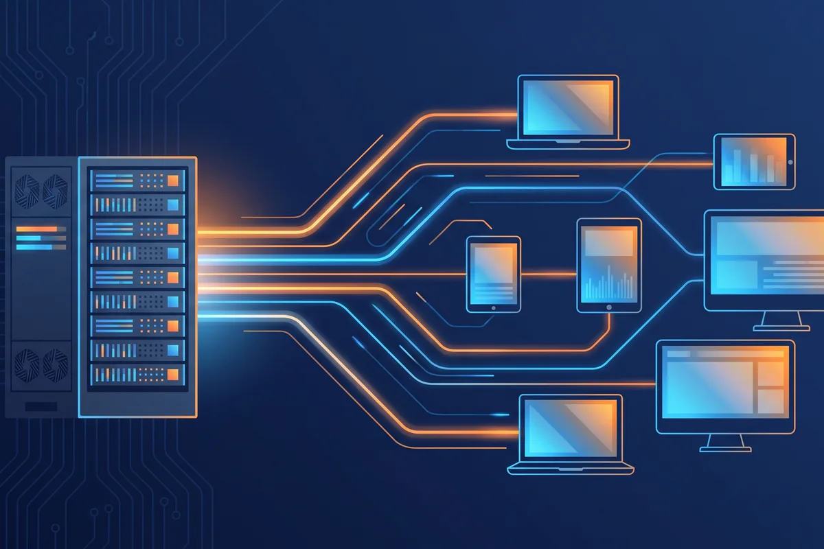 Many users connecting to one self-hosted server, the multi-user remote desktop model behind Citrix alternatives like TSplus Remote Access