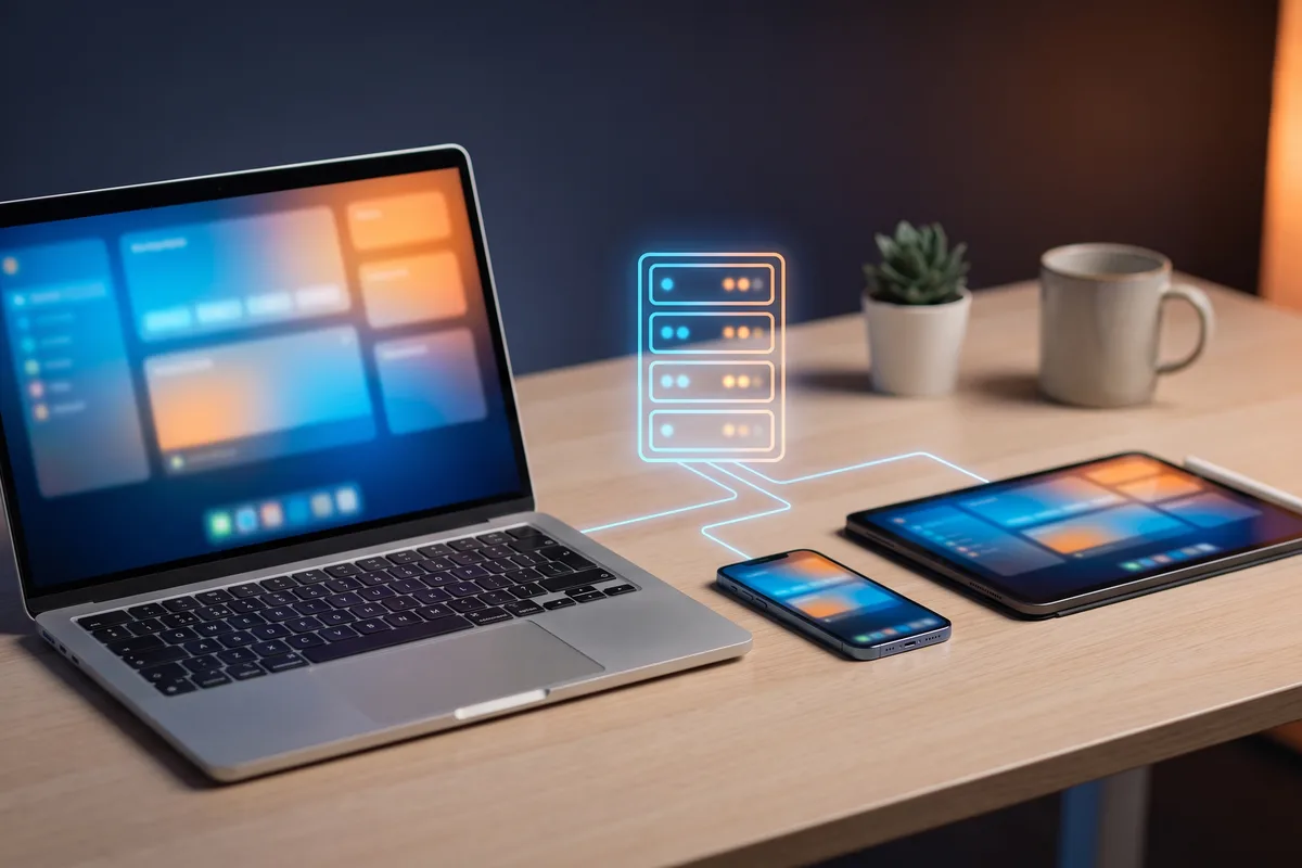 A laptop, tablet and phone reaching one remote desktop through the browser, the HTML5 access pattern to look for in a Citrix alternative